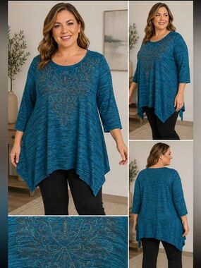 Catherines Plus Size 4X Metallic Blue Rhinestone Studded Tunic Blouse